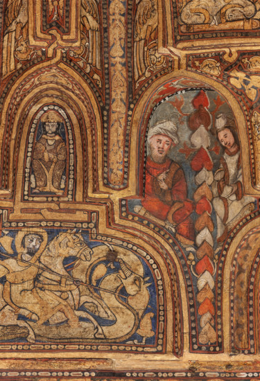 Palermo, Palazzo Reale o Palazzo dei Normanni,  Cappella Palatina (Basilica), navata centrale:  soffitto ligneo, realizzato da maestri di scuola fatimide e costituito da cassoni lignei a muqarnas, dipinte con immagini rare (ornamenti fitoformi e zoomorfi, uccelli, animali fantastici e mitologici, tra cui figure umane in scene di caccia, di guerra e d'amore, suonatori, danzatori e danzatrici del ventre, giocatori di scacchi. Figurazioni generalmente vietate dalla tradizione musulmana) e iscrizioni cufiche (1143). 
Particolare.

[ENG]
Palermo, The Royal Palace or Palazzo dei Normanni (Palace of the Normans), The Palatine Chapel (Basilica), central nave: wooden ceiling, created by Fatimid school masters and consisting of wooden coffers called muqarnas, painted with rare images (phytoform and zoomorphic ornaments, birds, fantastic and mythological animals, including human figures in hunting, making war and  love, players, dancers and belly dancers, chess players: These figures are gene...