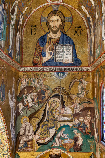 Palermo, The Royal Palace or Palazzo dei Normanni (Palace of the Normans), The Palatine Chapel (Basilica), Southern apse or St. Paul's "absidiola", mosaics: "Christ Pantocrator" and "Nativity", XII century.
Palazzo Reale (Palazzo dei Norma, Palermo (PA), Sicilia - Sicily, Italia - Italy