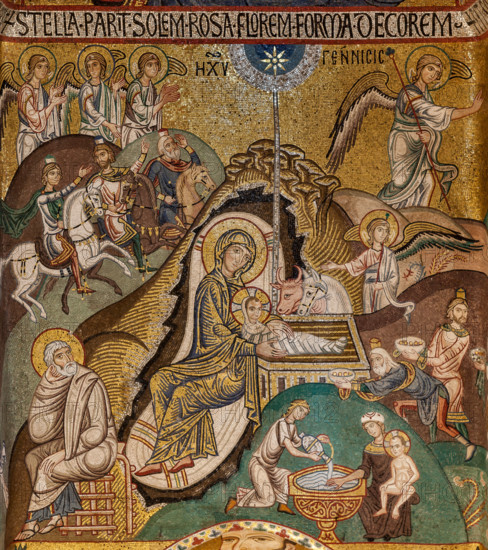 Palermo, Palazzo Reale o Palazzo dei Normanni,  Cappella Palatina (Basilica), abside meridionale o absidiola di San Paolo, mosaici: "Natività", secolo XII.

[ENG]
Palermo, The Royal Palace or Palazzo dei Normanni (Palace of the Normans), The Palatine Chapel (Basilica), Southern apse or St. Paul's "absidiola", mosaics:  "Nativity", XII century.
Palazzo Reale (Palazzo dei Norma, Palermo (PA), Sicilia - Sicily, Italia - Italy