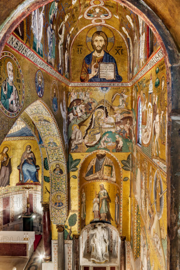 Palermo, Palazzo Reale o Palazzo dei Normanni,  Cappella Palatina (Basilica), abside meridionale o absidiola di San Paolo, mosaici: dall'altro,"Cristo Pantocrator", "Natività" e "San Paolo", secolo XII.

[ENG]
Palermo, The Royal Palace or Palazzo dei Normanni (Palace of the Normans), The Palatine Chapel (Basilica), Southern apse or St. Paul's "absidiola", mosaics: from the top "Christ Pantocrator", "Nativity" and "St.Paul", XII century.
Palazzo Reale (Palazzo dei Norma, Palermo (PA), Sicilia - Sicily, Italia - Italy