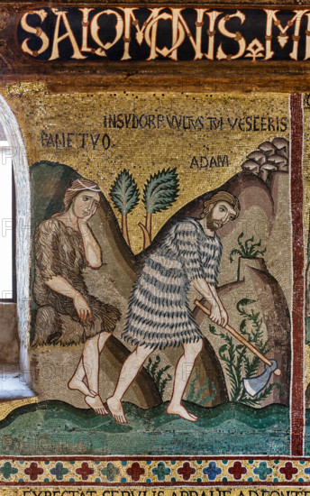 Palermo, Palazzo Reale o Palazzo dei Normanni,  Cappella Palatina (Basilica), ciclo di mosaici Vecchio Testamento, ciclo della Creazione:  "Il peccato originale: il dolore di Eva e la fatica di Adamo", XII secolo.

[ENG]
Palermo, The Royal Palace or Palazzo dei Normanni (Palace of the Normans), The Palatine Chapel (Basilica), cycle of mosaics on the Old Testament, cycle of the Creation: "The Original Sin: Eve's Grief and Adam's Toil", XII century.
Palazzo Reale (Palazzo dei Norma, Palermo (PA), Sicilia - Sicily, Italia - Italy