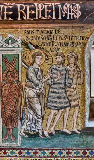 Palermo, Palazzo Reale o Palazzo dei Normanni,  Cappella Palatina (Basilica), ciclo di mosaici Vecchio Testamento, ciclo della Creazione:  "Il peccato originale. Adamo ed Eva cacciati dal Paradiso. Eva condannata al dolore e Adamo alla fatica", XII secolo.

[ENG]
Palermo, The Royal Palace or Palazzo dei Normanni (Palace of the Normans), The Palatine Chapel (Basilica), cycle of mosaics on the Old Testament, cycle of the Creation: "The Original Sin. Adame and Eve driven out of Paradise. Eve is condemned to Grief and Adam to Toil"", XII century.
Palazzo Reale (Palazzo dei Norma, Palermo (PA), Sicilia - Sicily, Italia - Italy