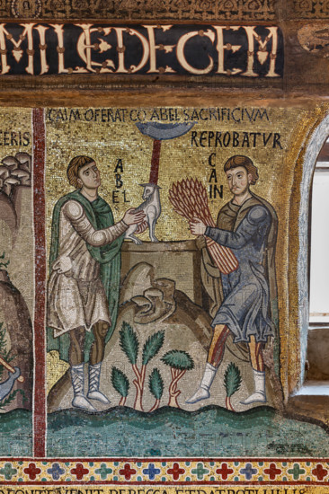 Palermo, Palazzo Reale o Palazzo dei Normanni,  Cappella Palatina (Basilica), ciclo di mosaici Vecchio Testamento, ciclo della Creazione:  "Caino e Abele sacrificano un agnello", XII secolo.

[ENG]
Palermo, The Royal Palace or Palazzo dei Normanni (Palace of the Normans), The Palatine Chapel (Basilica), cycle of mosaics on the Old Testament, cycle of the Creation: "Cain and Abel sacrifice a Lamb", XII century.
Palazzo Reale (Palazzo dei Norma, Palermo (PA), Sicilia - Sicily, Italia - Italy