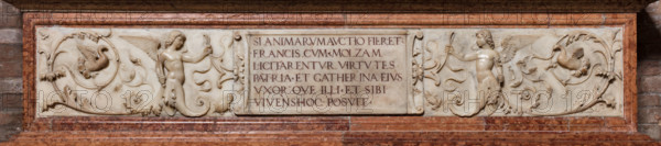 Modena, Duomo, interno, navata destra: monumento funerario dedicato a Francesco Molza; di Bartolomeo Spani, 1516. Marmo di Carrara, marmo proconnesio, pietra d'Istria e rosso ammonitico.

[ENG]
Modena, Cathedral, interior, right aisle: funerary monument dedicated to Francesco Molza; Bartolomeo Spani, 1516. Carrara marble, Proconnesian marble, Istrian stone and red ammonitic stone.
Duomo, Modena (MO), Emilia Romagna, Italia - Italy