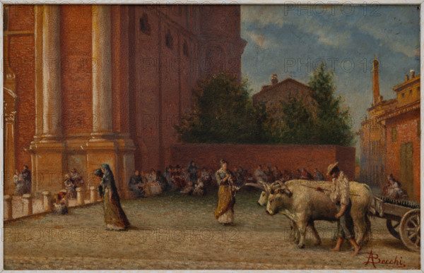 Collezione Assicoop Unipol, inv. n°  896: 
Andrea Becchi (1848-1926); “Truciolo a Carpi”; olio su cartone, cm. 25,5 x 40.
Nel XVIII secolo a Carpi prosperava l'arte del creare trucioli, ovvero delle lamine di legno sottolissime ricavate da alberi di salice e pioppo, che a loro volta erano intrecciati per poi essere utilizzati nella composizione di cappelli, che prendevano appunto il nome di "cappelli de treza de legno". Si trattava di un'invenzione del XVI secolo del carpigano Nicolò Biondo.
--

[ENG]
Andrea Becchi (1848-1926); “Truciolo in Carpi”; oil painting on panel, cm. 25,5 x 40.
In the 18th century, Carpi was home to the art of creating shavings, or very thin strips of wood taken from willow and poplar trees. These were then woven together to make hats, which were then known as "cappelli de treza de legno" (wooden shaving hats). This was a 16th-century invention by Nicolò Biondo of Carpi.
Collezione Assicoop - Unipol, Modena (MO), Emilia Romagna, Italia - Italy