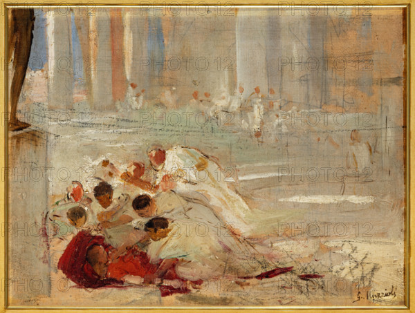 Collezione Assicoop Unipol, inv. n°   966: 
 Giovanni Muzzioli (1854 - 1894); “Personaggi in piazza” (olio su tela, bozzetto, cm. 27 x 35,5).

[ENG]
Giovanni Muzzioli (1854 - 1894); “People in the Square” (oil on canvas, sketch, 27 x 35.5 cm).
Collezione Assicoop - Unipol, Modena (MO), Emilia Romagna, Italia - Italy