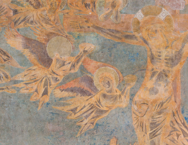Assisi, Basilica superiore di San Francesco, transetto meridionale, parete est, Crocifissione: dettaglio con angeli che raccolgono il sangue dal costato di Cristo. 
Affreschi di Cimabue (Cenni di Pepo 1277-1283?).

[ENG]
Assisi, Upper Basilica of San Francesco, south transept, east wall, Crucifixion: detail with angels collecting blood from Christ's ribs.
Frescoes by Cimabue (Cenni di Pepo 1277-1283?).
Basilica superiore di San France, Assisi (PG), Umbria, Italia - Italy