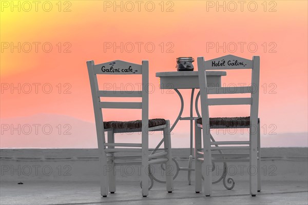 Chairs of the café of the hotel Galini in Firostefani, Santorini, Greece