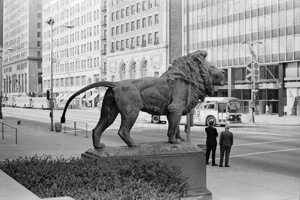 Lion Statue and Street Scene, Chicago, Illinois, USA