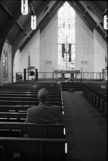 Man Sitting Alone in Church, Rear View