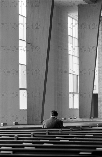 Man Sitting Alone in Church, Rear View