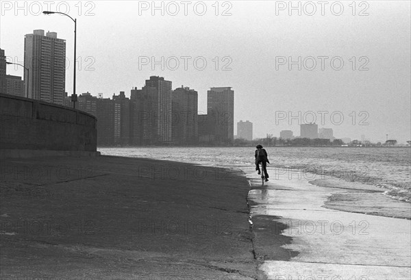 Bicyclist on Shore, Chicago, Illinois, USA