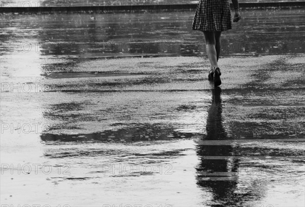 Legs of Woman Crossing Street in Rain