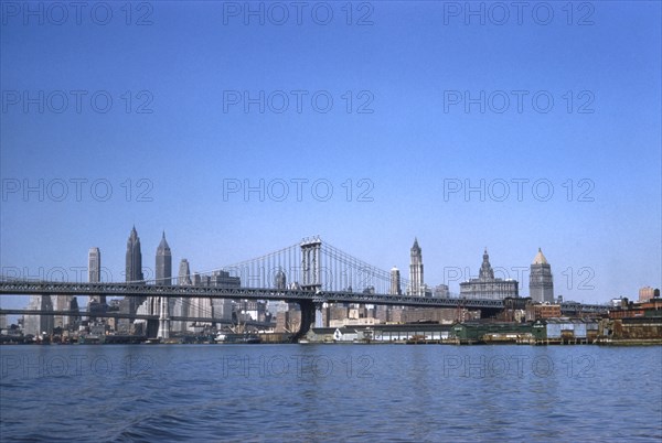 Manhattan and Brooklyn Bridges and Downtown Skyline, New York City, USA 1958