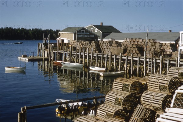 Quaint Harbor Village and Lobster Traps, Friendship, Maine, USA, 1957
