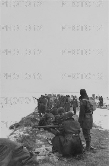 Group of Military Soldiers during Training Session Outdoor, WWII, HQ 2nd Battalion, 389th Infantry, US Army Military Base, Indiana, USA, 1942