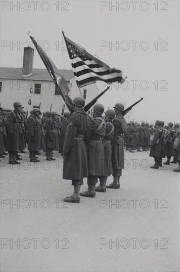 Military Soldiers in Marching Formation during Training Session Outdoor, WWII, HQ 2nd Battalion, 389th Infantry, US Army Military Base, Indiana, USA, 1942