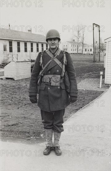 Military Soldier, Outdoor Portrait, WWII, HQ 2nd Battalion, 389th Infantry, US Army Military Base, Indiana, USA, 1942