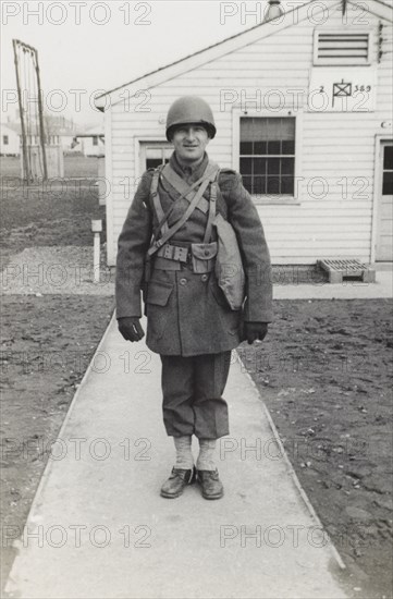 Military Soldier, Outdoor Portrait, WWII, HQ 2nd Battalion, 389th Infantry, US Army Military Base, Indiana, USA, 1942