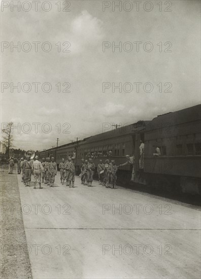 Soldiers Boarding Trains for East Coast USA with Eventual Departure by Ship to Europe, WWII, HQ 2nd Battalion, 389th Infantry, US Army Military Base, Indiana, USA, 1942
