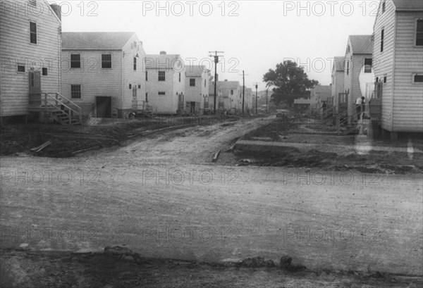 Military Buildings Along Dirt Road, WWII, 2nd Battalion, 389th Infantry, US Army Military Base Indiana, USA, 1942