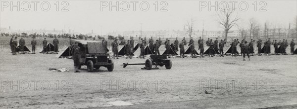 Soldiers Lined up Near Tents During Inspection, WWII, HQ 2nd Battalion, 389th Infantry, US Army Military Base, Indiana, USA, 1942