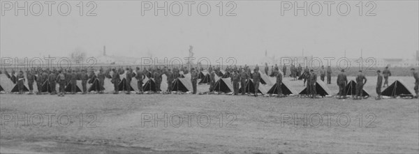 Soldiers Lined up Near Tents During Inspection, WWII, HQ 2nd Battalion, 389th Infantry, US Army Military Base, Indiana, USA, 1942