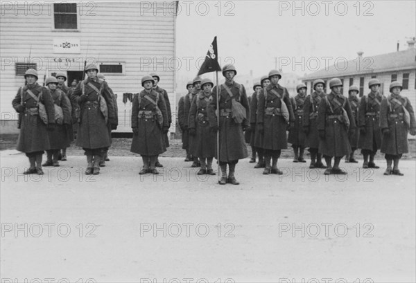 Military Soldiers at Attention, WWII, HQ 2nd Battalion, 389th Infantry, US Army Military Base, Indiana, USA, 1942