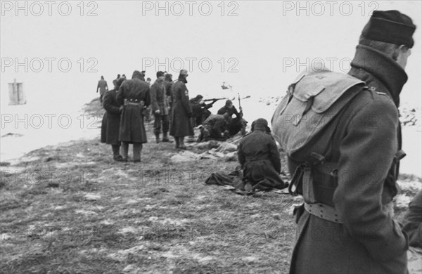 Group of Soldiers During Target Practice, WWII, HQ 2nd Battalion, 389th Infantry, US Army Military Base, Indiana, USA, 1942