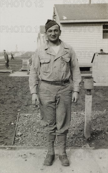 Soldier in Uniform, Portrait, WWII, HQ 2nd Battalion, 389th Infantry, US Army Military Base, Indiana, USA, 1942