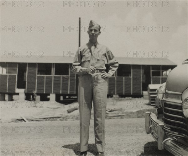 Soldier in Uniform, Portrait, WWII, HQ 2nd Battalion, 389th Infantry, US Army Military Base, Indiana, USA, 1942
