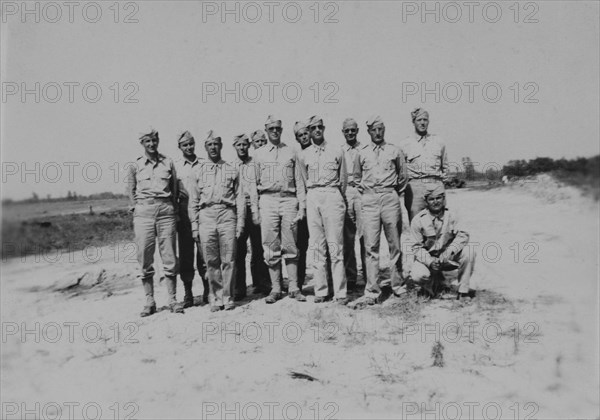 Group of Military Soldiers in Uniform, Portrait, WWII, HQ 2nd Battalion, 389th Infantry, US Army Military Base, Indiana, USA, 1942