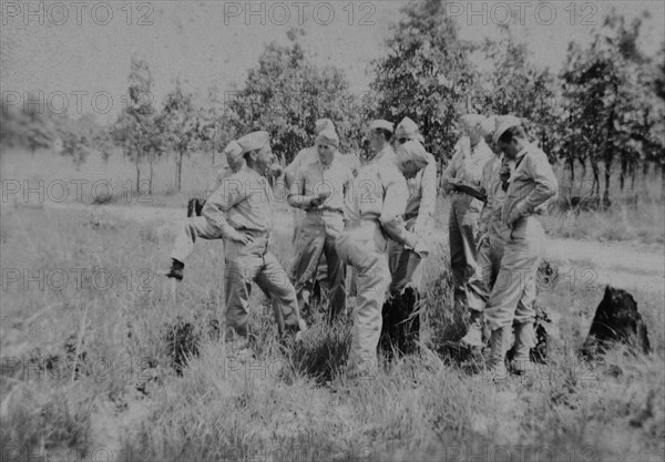 Group of Military Soldiers in Uniform in Field, Portrait, WWII, HQ 2nd Battalion, 389th Infantry, US Army Military Base, Indiana, USA, 1942