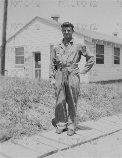 Soldier Portrait Near Military Building, WWII, HQ 2nd Battalion, 389th Infantry, US Army Military Base, Indiana, USA, 1942