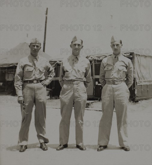 Three Soldiers in Uniform, Portrait, WWII, 325th Infantry, US Army Military Base, Camp Claiborne, Louisiana, USA, 1942