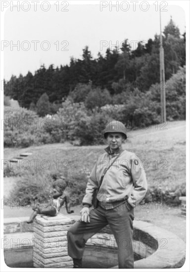 Soldier near Fountain, Portrait, WWII, Third Army Division, US Army Military, Europe, 1943