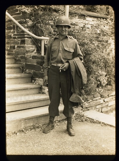 Smiling Soldier with Cigarette, Portrait, WWII, Third Army Division, US Army Military, Europe, 1943