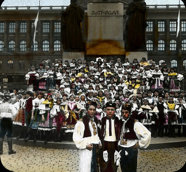 Reception to Prime Minister Edvard Benes, Wenceslas Square, Prague, Czechoslovakia, Magic Lantern Slide, circa 1921