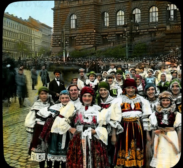 Young Women in National Costumes, Wenceslas Square, Prague, Czechoslovakia, Magic Lantern Slide, circa 1921