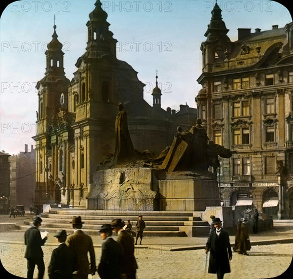 Baroque St. Nicholas Church (L), with Statue of Jan Hus (R), on Staromestské Square, Prague, Czechoslovakia, Magic Lantern Slide, circa 1925