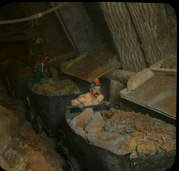 Workers Loading and Handling Cars with Copper Ore, Calumet, Michigan, USA, Magic Lantern Slide, circa early 1900's