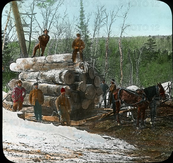 Workers with Load of Logs, Kettle River Landing, Minnesota, USA, Magic Lantern Slide, circa 1915
