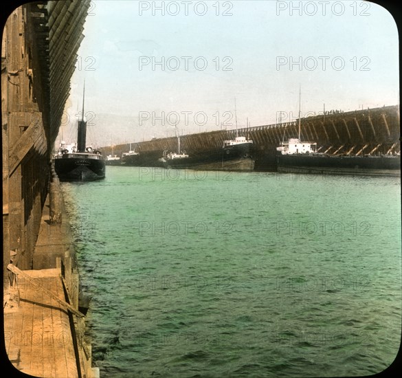 Looking between Ore Docks No. 2 and No. 3, Two Harbors, Minnesota, USA, Magic Lantern Slide, circa 1910