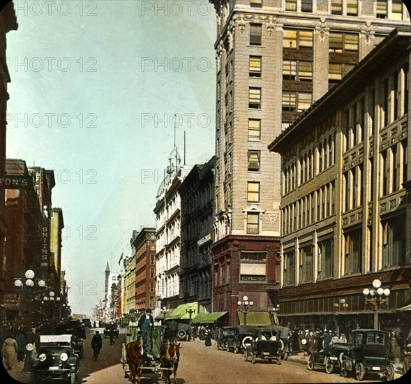 Busy Street Scene, Minneapolis, Minnesota, USA, Magic Lantern Slide, circa 1910