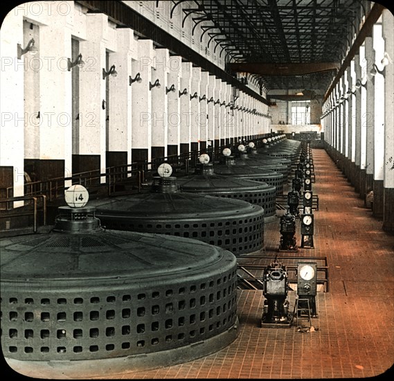 Fifteen Large Generators in a Row, Power Plant, Keokuk, Iowa, USA, Magic Lantern Slide, circa 1910