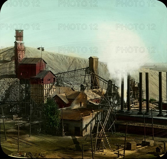 Shaft House, Smelter and Tailing Pipe, Zinc and Lead Mines, Joplin, Missouri, USA, Magic Lantern Slide, circa 1910