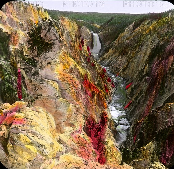 Grand Canyon of the Yellowstone National Park, Wyoming, USA, Magic Lantern Slide, circa 1910