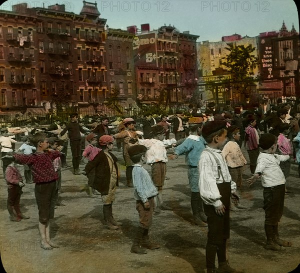 Children Taking Health Exercises, New York City, New York, USA, Magic Lantern Slide, circa 1910