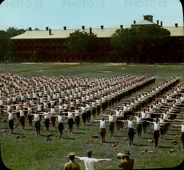 Army Soldiers doing Exercises, USA, Magic Lantern Slide, circa 1918