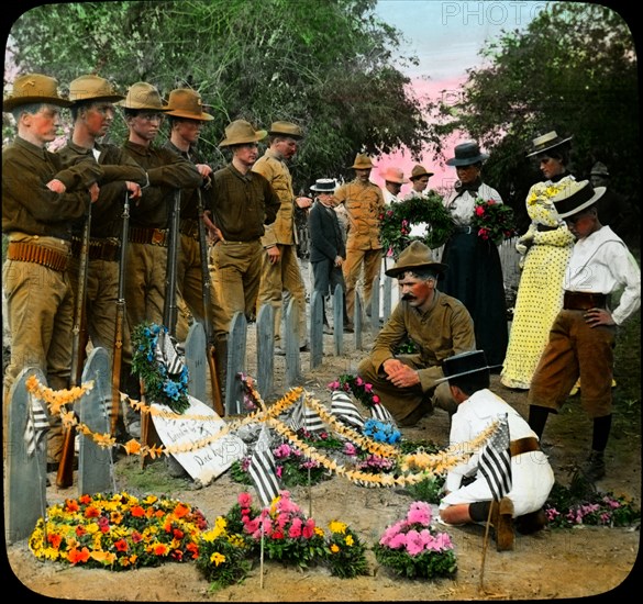 Children Decorating Graves of American Soldiers, Memorial Day, Philippines, Magic Lantern Slide, circa 1910